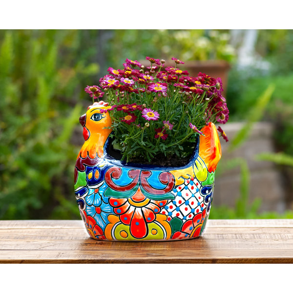 Handmade Mexican Talavera Pottery Ceramic Chicken Hen Flower Pot Planter
